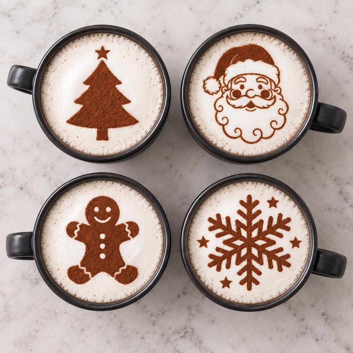 Four coffees with a Christmas tree, Santa, a gingerbread man and a snowflake
