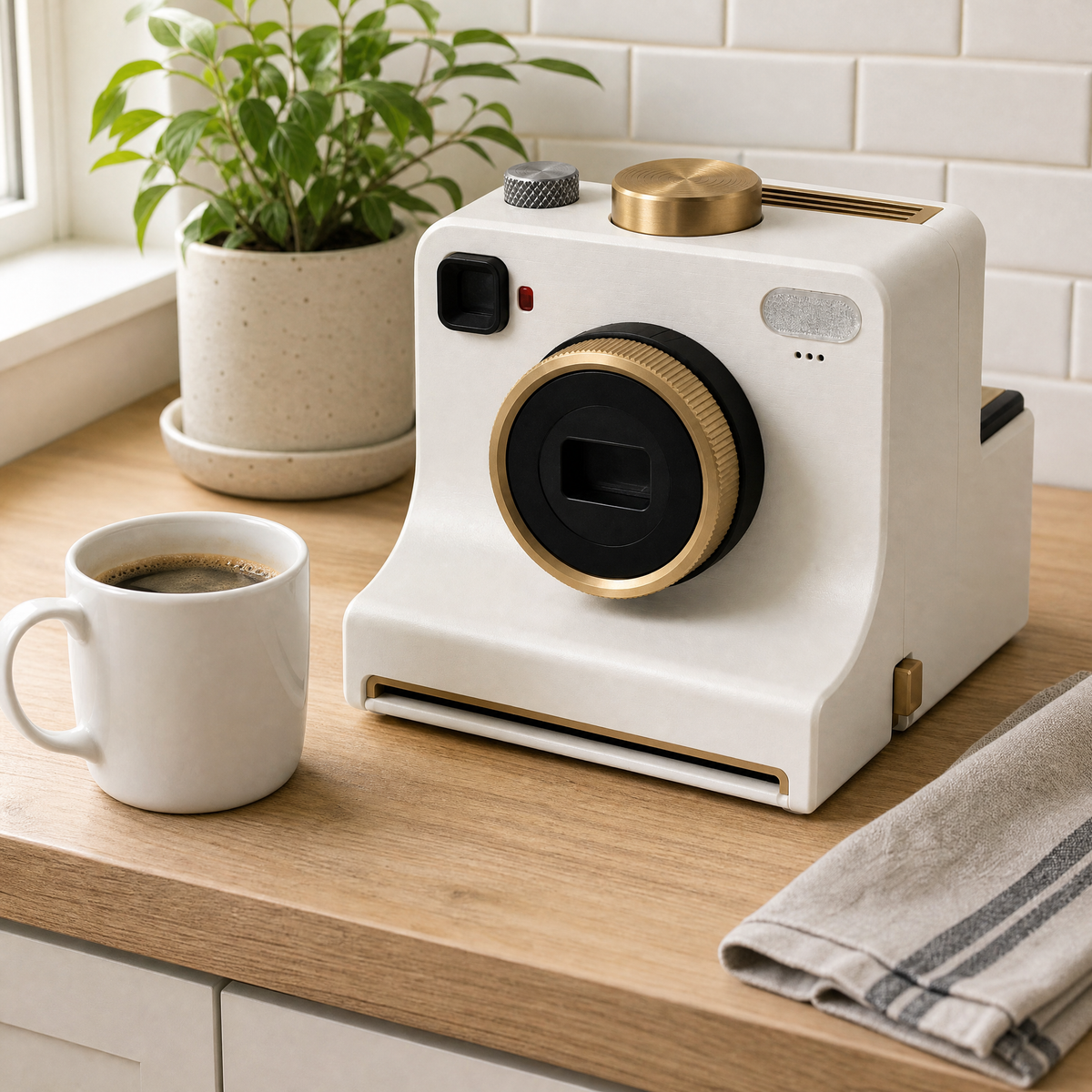 MugPress printer on a kitchen counter next to a mug of coffee