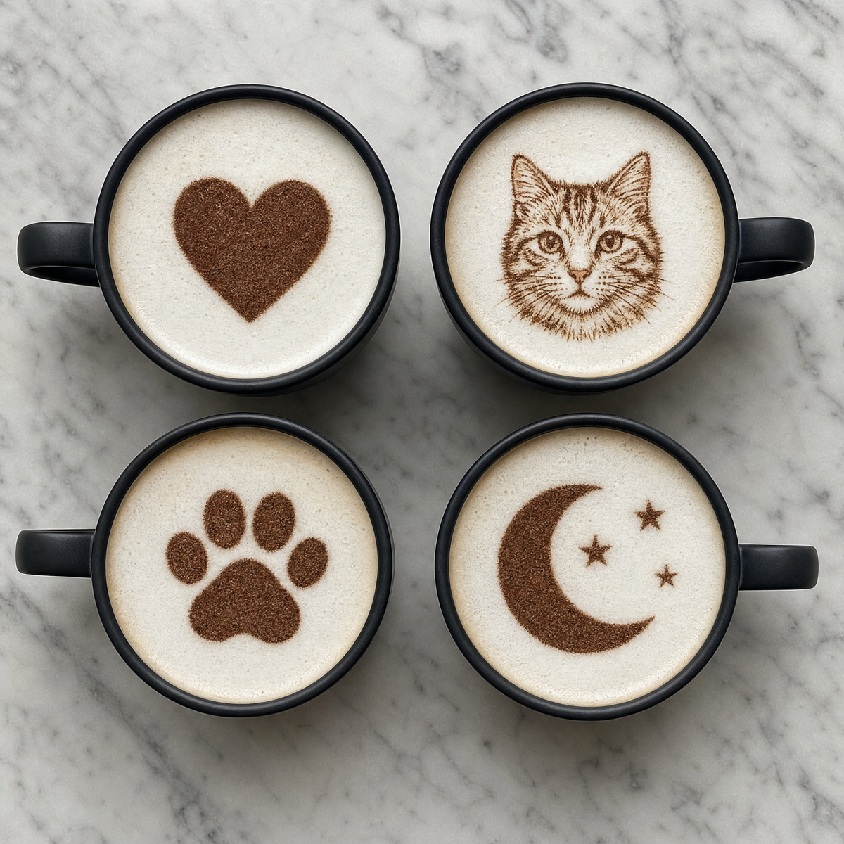 Four lattes topped with a heart, a cat, a paw and a moon